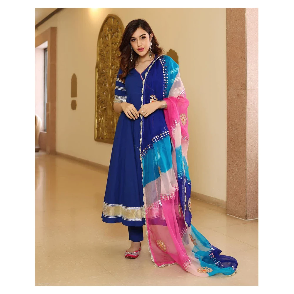 New Designer Pure Cotton Alia cut with embroidery Sikvans work Kurti with Bottom With Fancy Duppata Ready made Kurtis Set