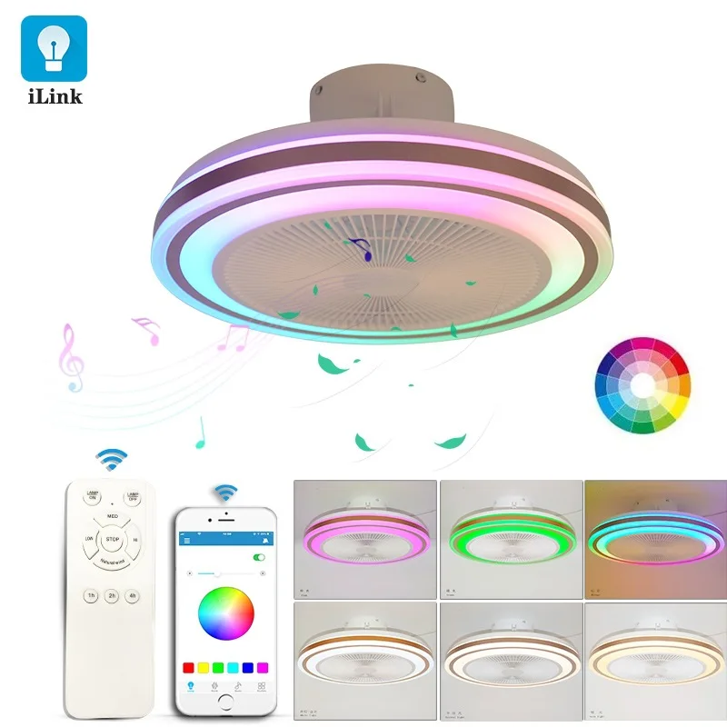 Яркий ослепительный музыкальный RGB потолочный вентилятор с голосовым управлением через приложение и светодиодной подсветкой для умного дома