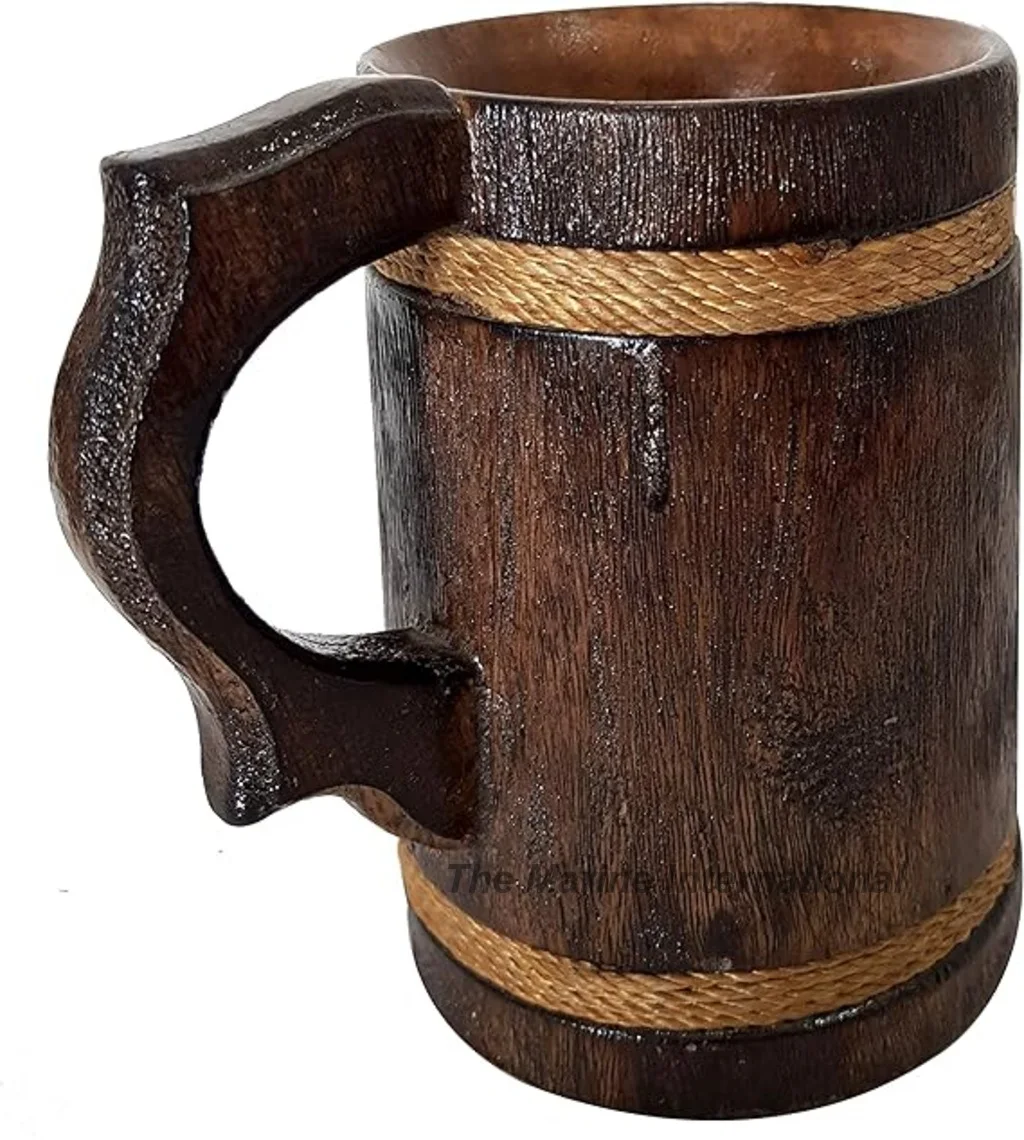 Handmade Rustic Wooden Beer Mug Tankard Natural Wood Stein Antique Barrel Coffee Tea Cup Brown Home Decorative