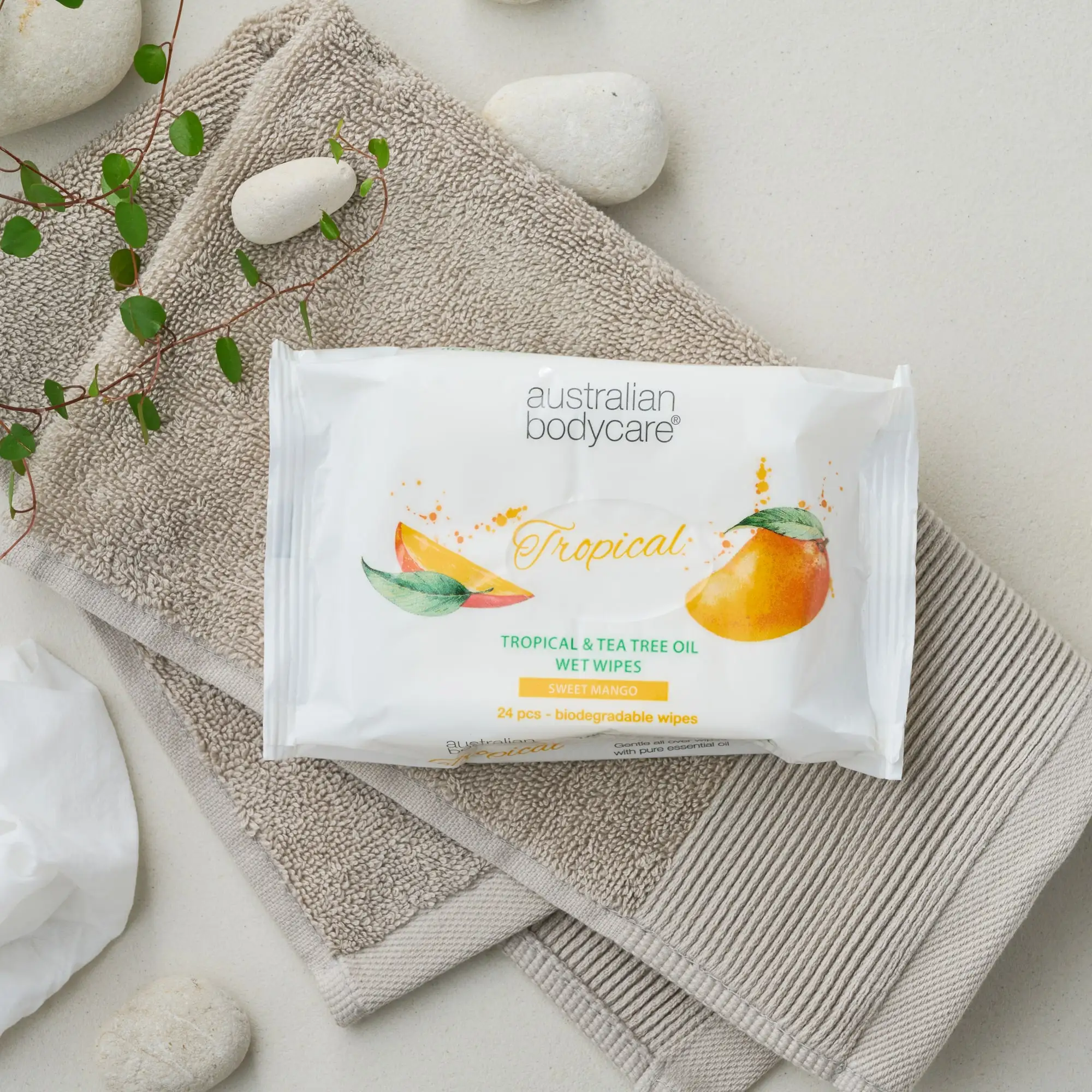 Biodegradable Wet Wipes wholesale Tea Tree & Mango: 24 pcs. Adult wet wipes for Sweat, Dirt, Makeup. Refreshing, Moisturizing