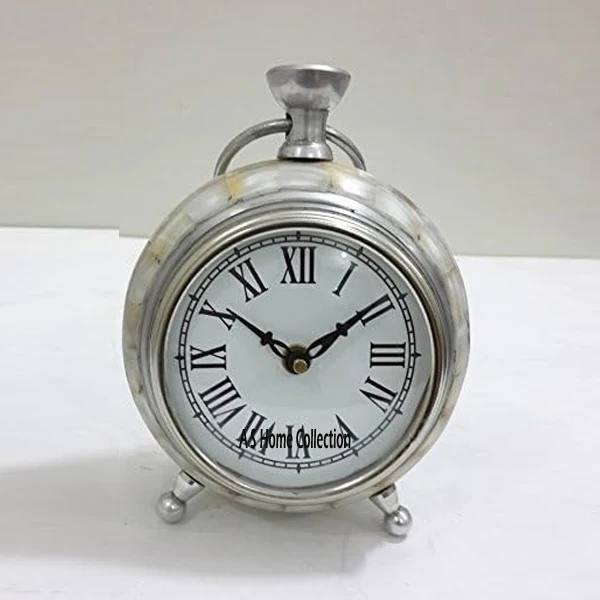 Factory Price High Quality Fancy Vintage Style Table Clock Metal Mother Of Pearls Silver Finish Home Office Decorations