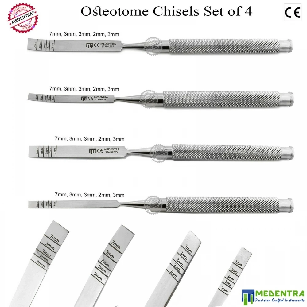 Dental Osteotomes Chisels with Straight & Curved Tip Manual Steel Bones Expanding Instruments 4Pcs Set