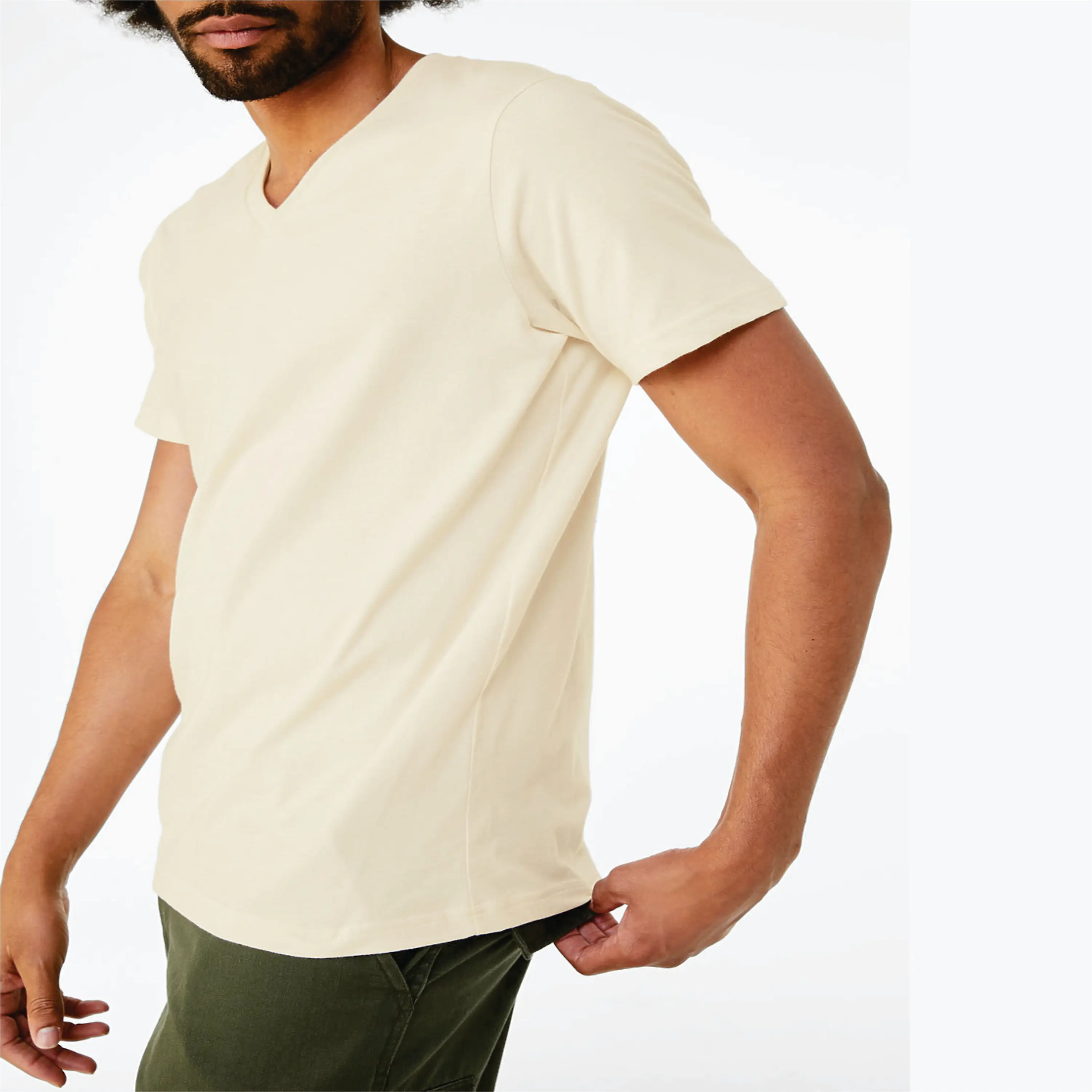 100% Airlume Combed and Ring Spun Cotton 32 Single 4.2 oz Natural Essential Unisex Jersey Short Sleeve V-Neck T-Shirt