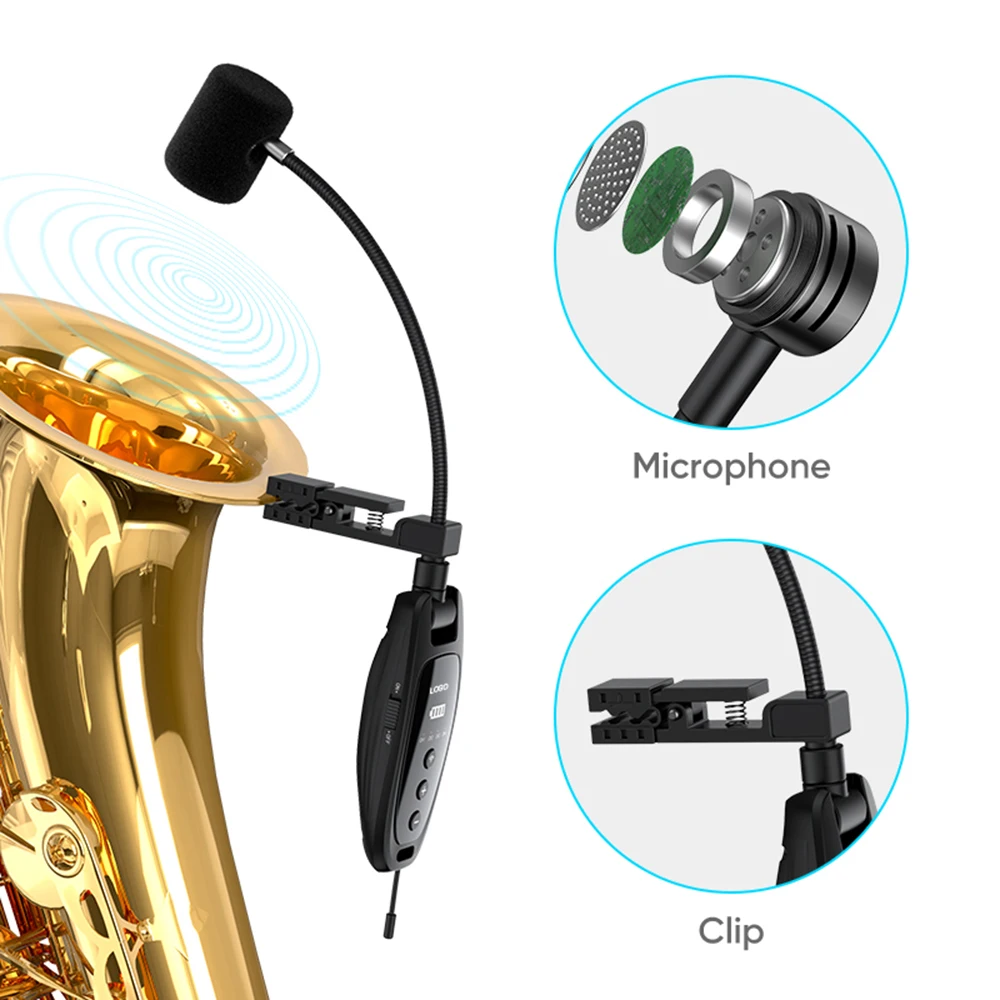 UHF Wireless Instruments Microphone, Saxophone Microphone, Wireless Receiver and Transmitter for Trumpets, Clarinet, Cello