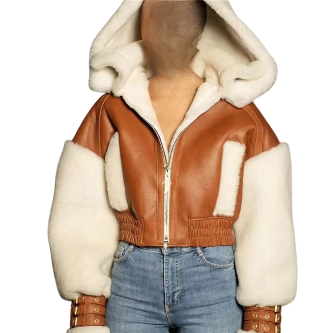 Thicken Faux Pu Leather Wool Fur Jacket Women Patchwork  Fashion Short Hooded Coat