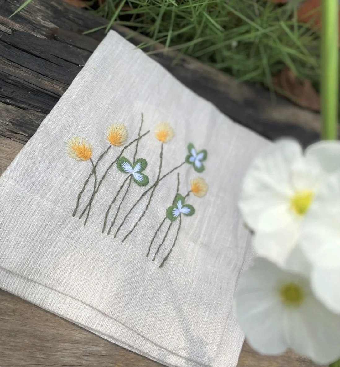 Rustic Natural Linen Handkerchief Personalized Hand Embroidered Spring Blooms Wildflowers Square Tablecloth Cloth Napkins
