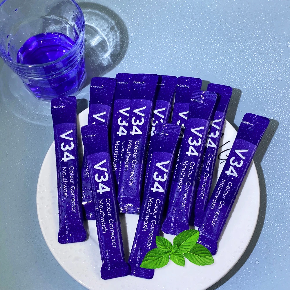 Hot Selling Premium V34 Colour Corrector Mouthwash Purple Liquid Mouthwash Pulling Packet For Fresh Breath
