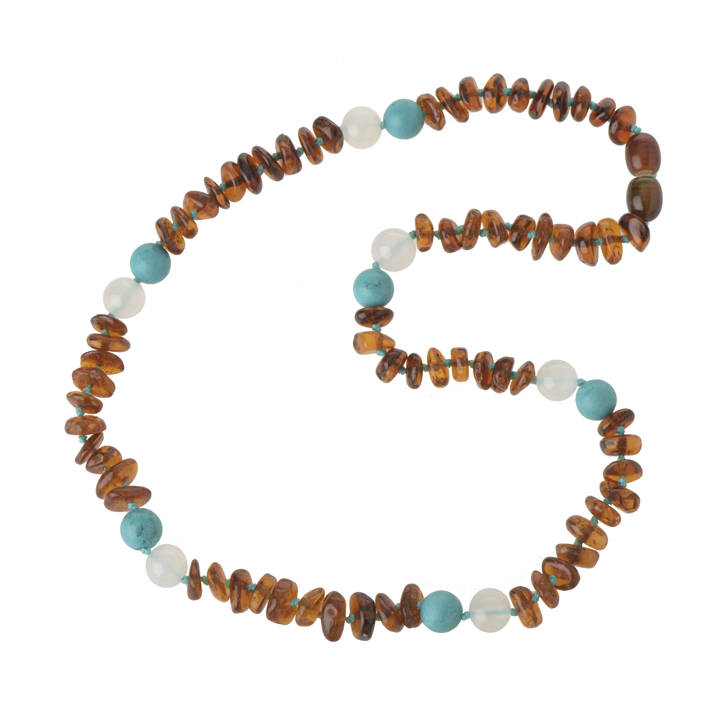 Cognac Half Baroque Polished Baltic Amber & White Agate & Green Turquoise Necklace