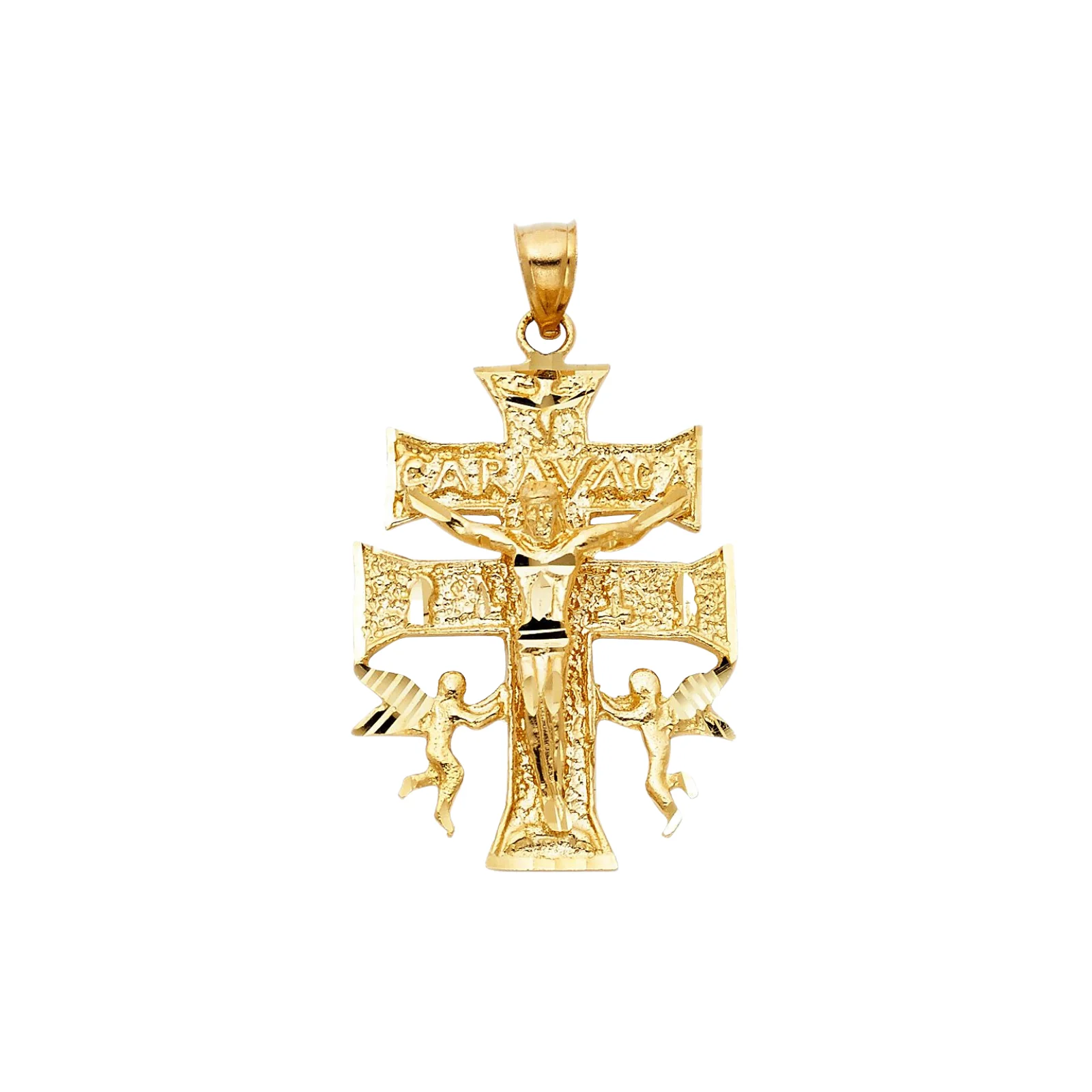 14k Yellow Gold Plated Double Cross with Angels Christian Crucifix Religious Icon Cross Of Caravaca Pendant