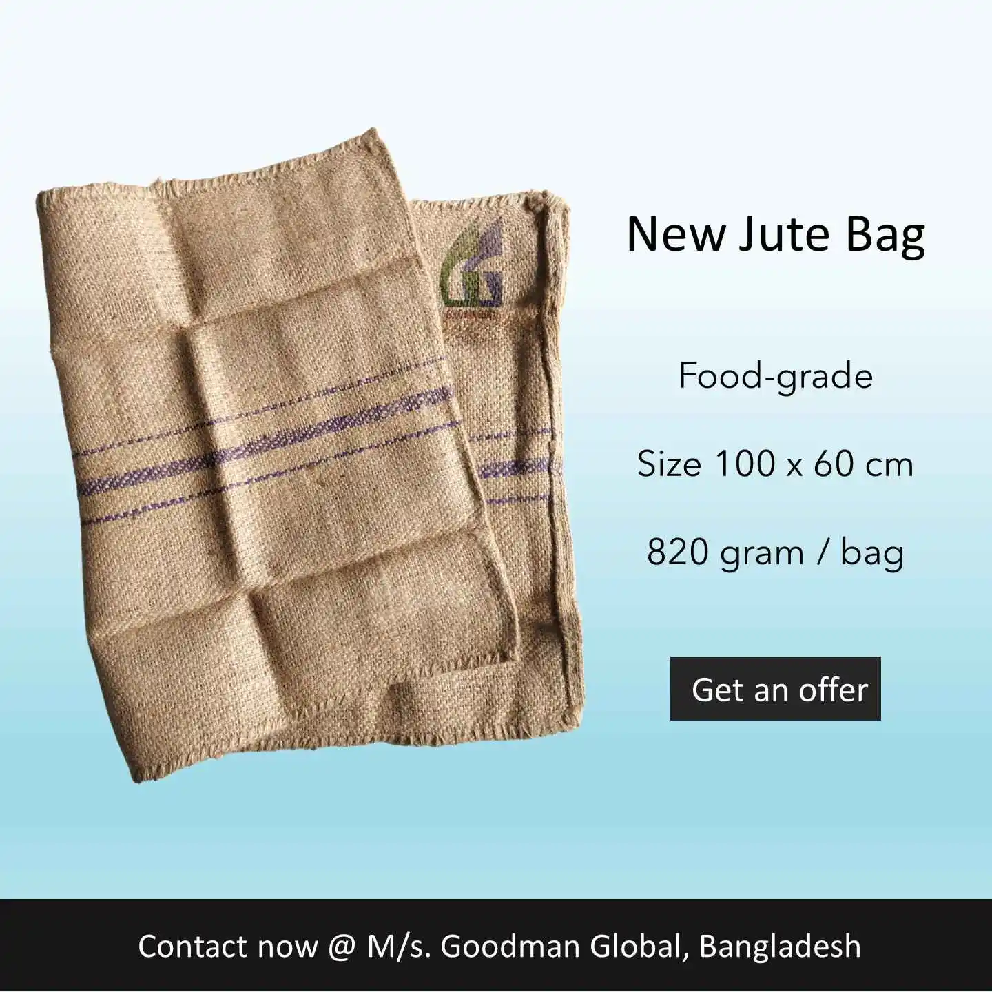 New Jute Bag 100x60 cm 820g Food Grade Gunny Sack Agricultural Packing Reusable Burlap Bags Wholesale Goodman Global Bangladesh