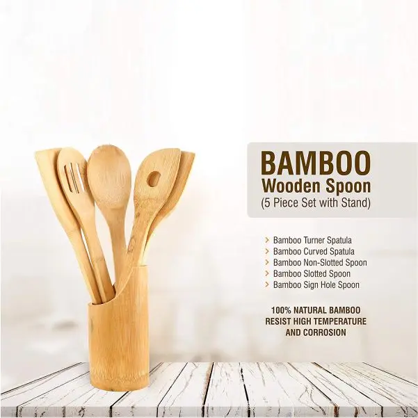 Bamboo Cooking Serving Wooden Spoon 5 Piece Set with 1 Piece Stand Eco-friendly Material 2023 Hot Sale