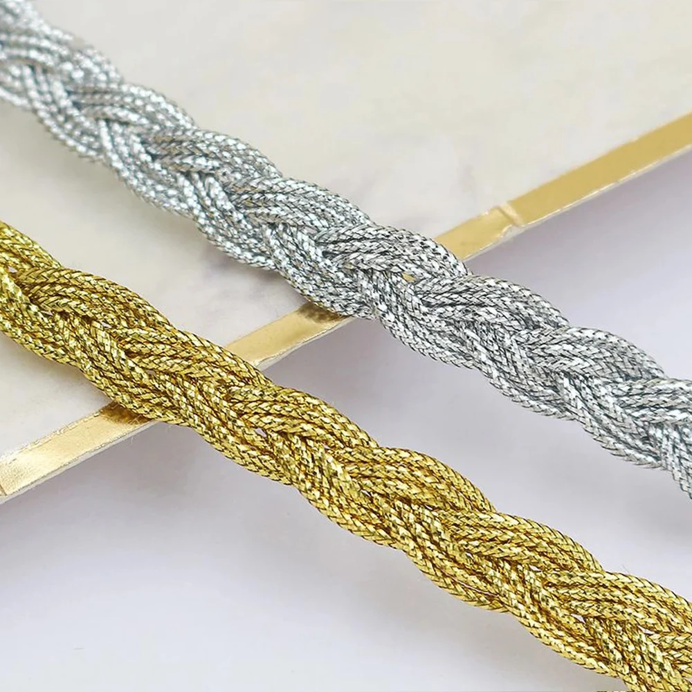 3yds Gold Silver Metallic Wrapped Polyester Ribbon Plaited Narrow Braid Sewing Trim 8mm Width Braided Tape Border