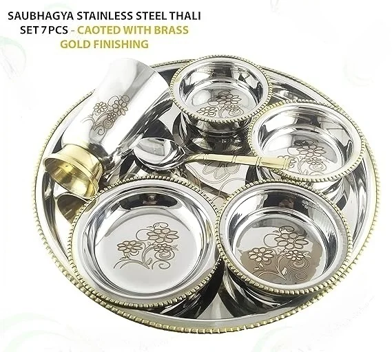 Stainless Steel Two Tone Thali Set of 7 pcs 1 Dinner Plate 1 Halwa Plate  2 Katori Bowl 1 Glass 1 Spoon. Brass Steel Lunch