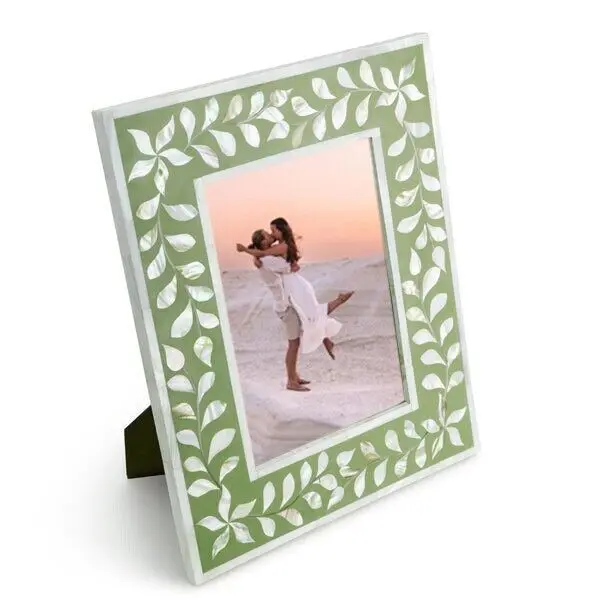 Handmade Nautical & Angel Style Floral Photo Picture Frame Carved Mother of Pearl & Agate Inlay Bone Colorful Floral Design