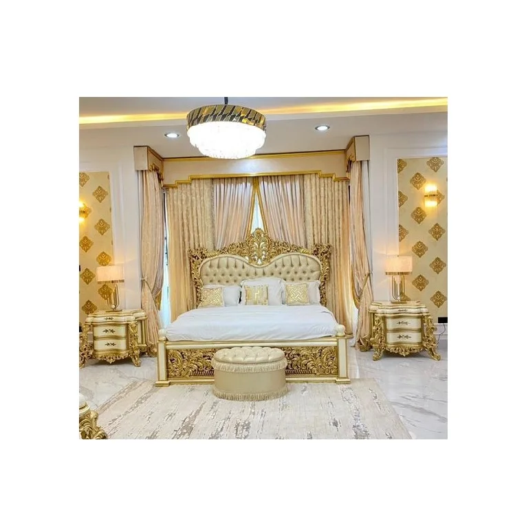 Exclusive Gold Finish King Bedroom furniture Grand Villa Queen Size Four Poster Bed Best Quality Premium Queen Size Crown Bed
