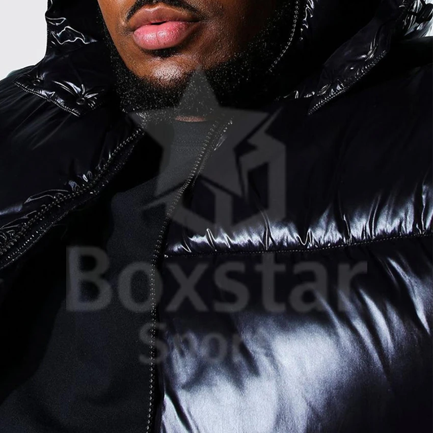 Designer High Quality Coat Hooded Black Shiny Jacket Men Winter Bubble Puff Custom Heavy Shinny Puffer Plus Size Jacket For Men