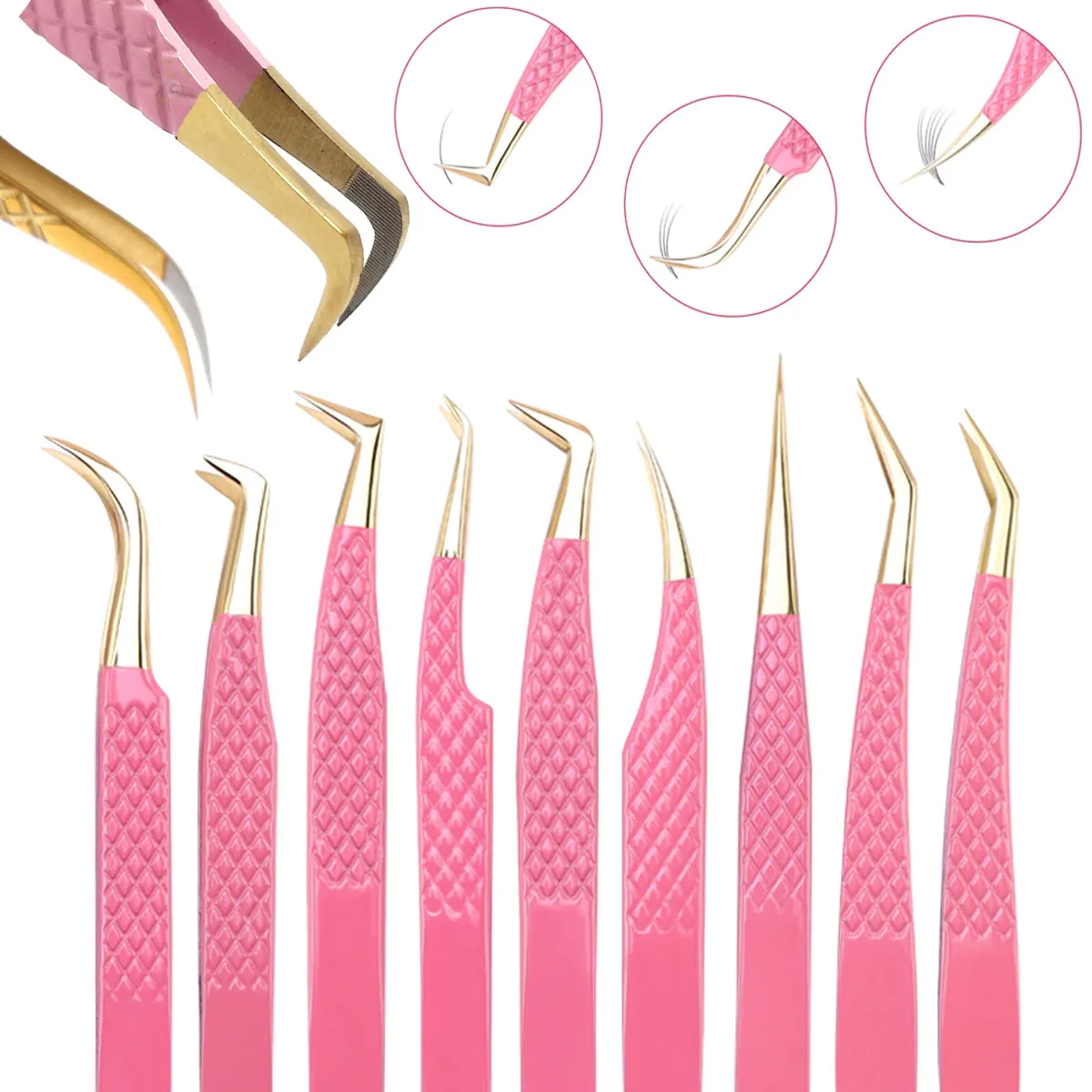 Pink Color Fiber Tip Eyelash Tweezers Colt Volume Diamond Grip Tweezers Stainless Steel Extension Eyelash Tweezers