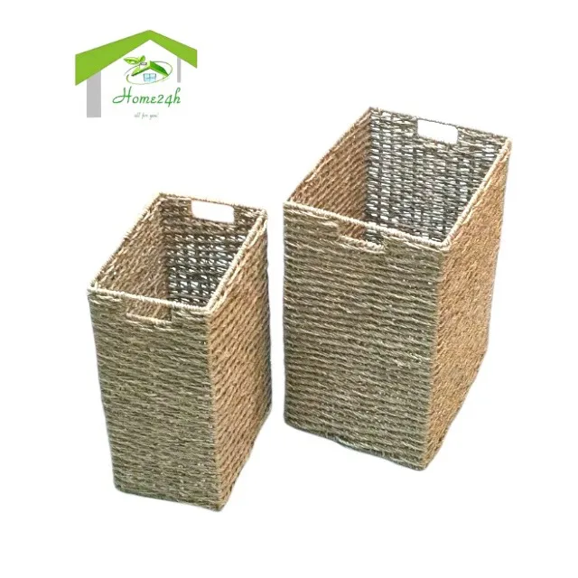 High Quality Seagrass Storage Baskets  Iron frame natural color and hole handle Rectangal basket Set of 2 for household Items