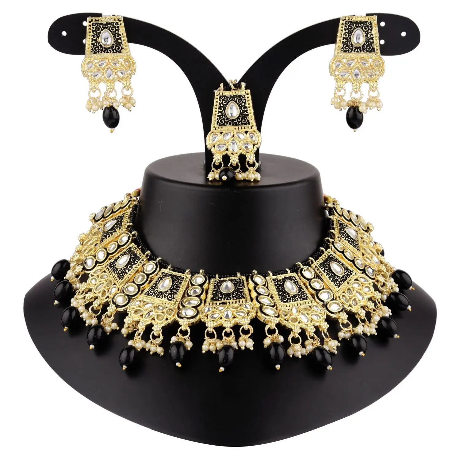 Wholesale Manufacture Enamel Jewelry Set Faux Pearl Crystal Enamel Choker Necklace Set For Women, Black