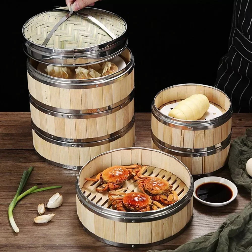 Bamboo Lid Dim Sum Steam Cooker Steamer Basket Food Steamer Bamboo Steamer with Steel Rings for Cooking
