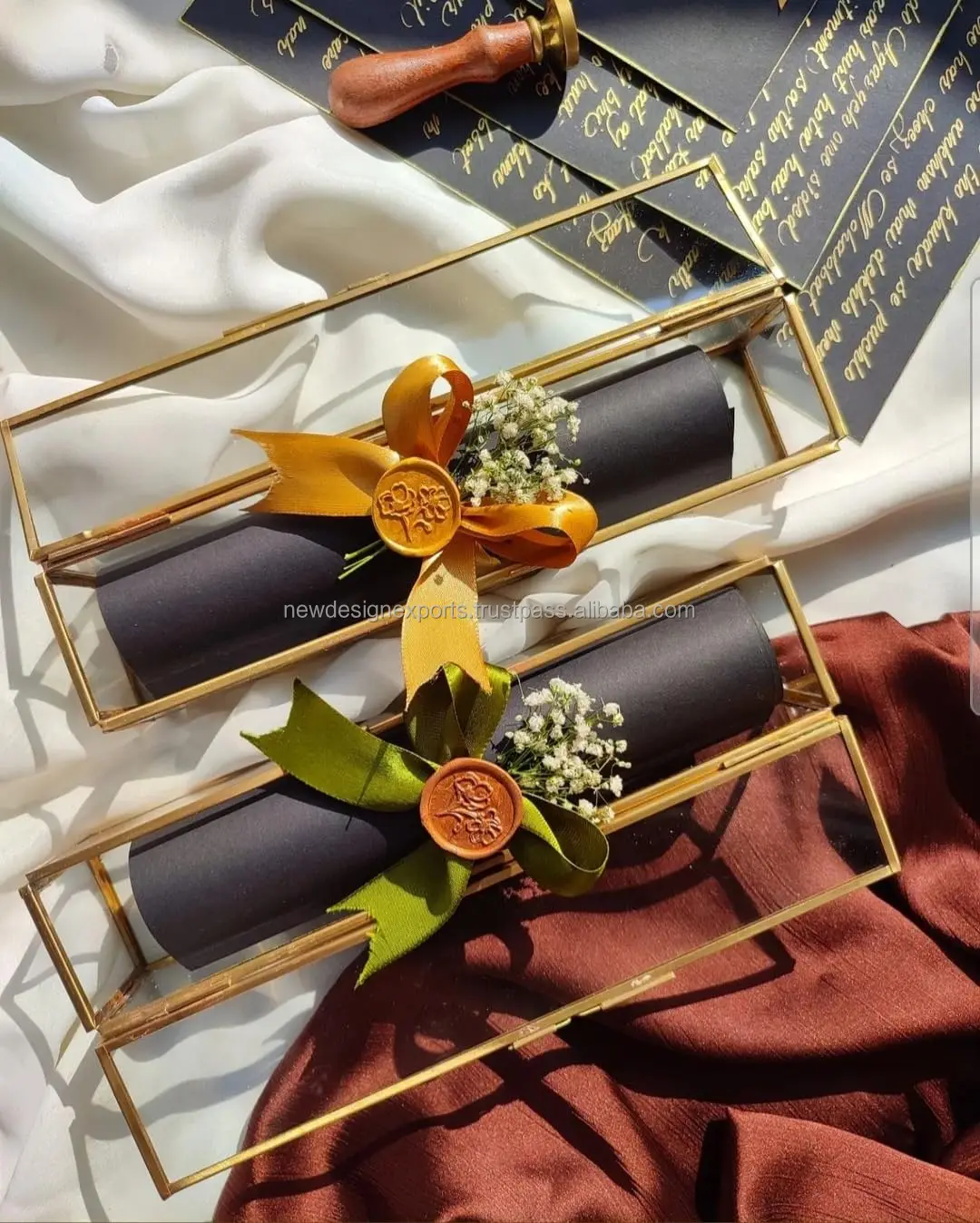 Metal Glass Scroll Letter Box for Invitation Jewellery Brass Gold