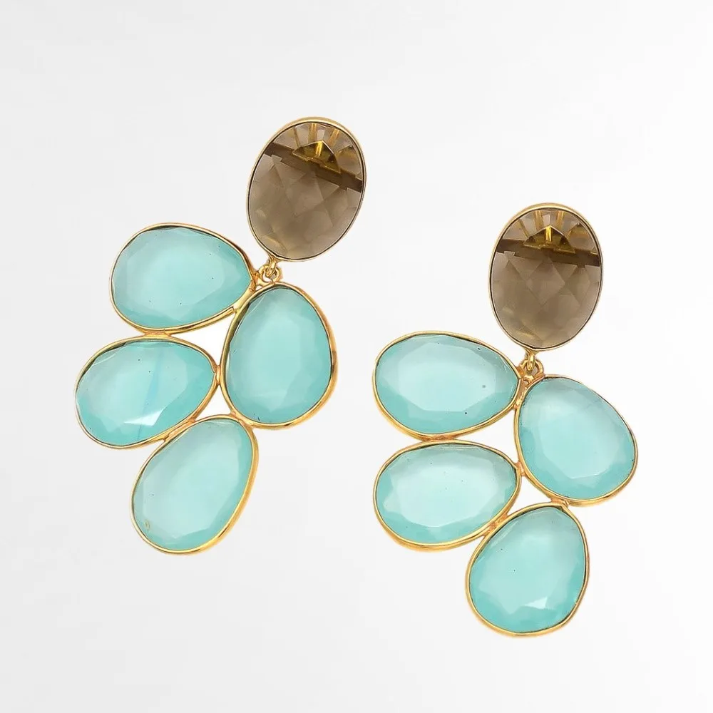 Aqua Chalcedony Gemstone  earrings Gold Plated Oval Shape Dangling Earring pairs Unique Jewelry