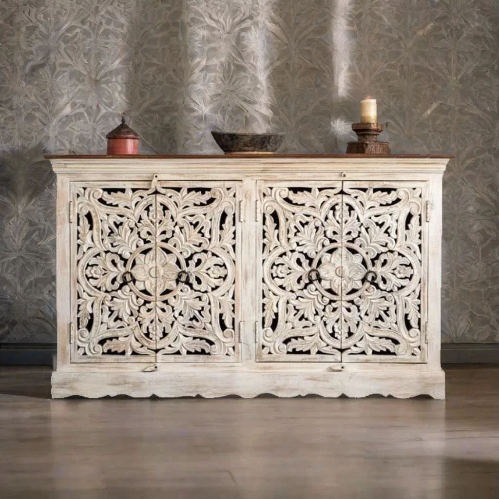 Luxury Style western culture Sideboard Solid wooden Side Cabinet with Doors and Shelve White Rustic Wooden Sideboard Cabinet 5