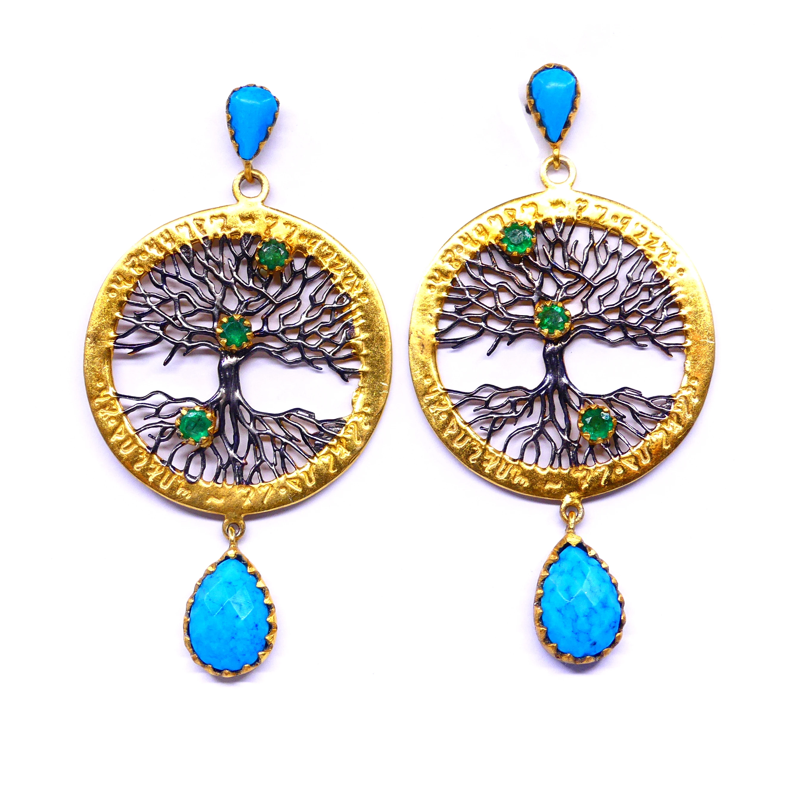 Sterling Silver 925 Oxidized Turquoise Emerald Gemstone Gold Plated Unique Elegant Women Wear Tree Earrings