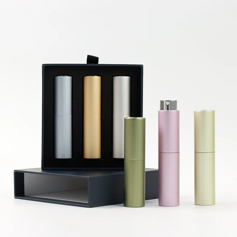custom 5ml 8ml 10ml 20ml perfume bottle with gift box packaging  refillable metal aluminum  twist up atomizer  bottle