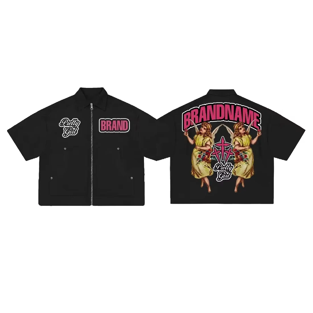 Custom Logo Screen Print Zip Up Cropped Boxy T Shirt Cotton Streetwear Vintage Hip Hop Zipper Polo T-shirt for Men