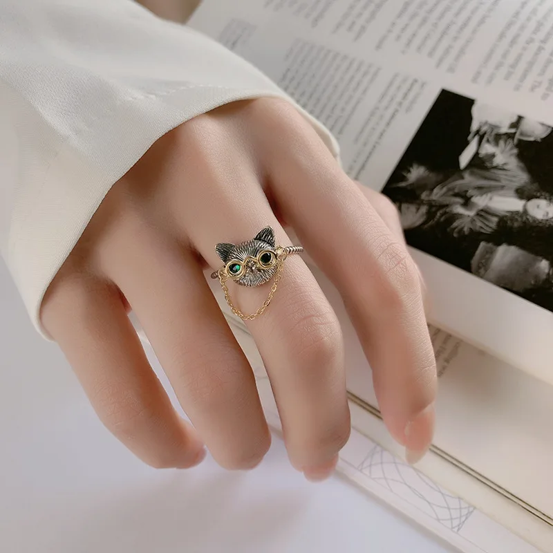 S925 sterling silver Dr. Cat glasses movable chain open ring for women retro green-eyed cat finger