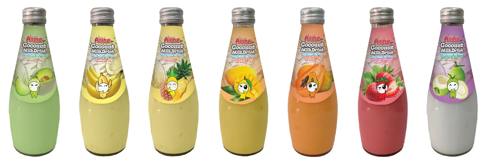Aiiing Coconut Milk with Nata De Coco - Strawberry Flavour Coconut Milk Coconut Juice Nata De Coco 290ml Glass Bottle