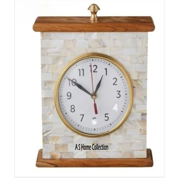 Handmade Craft High Quality Fancy Vintage Style Table Clock Metal Mother Of Pearls White Colour Home Office Decorations