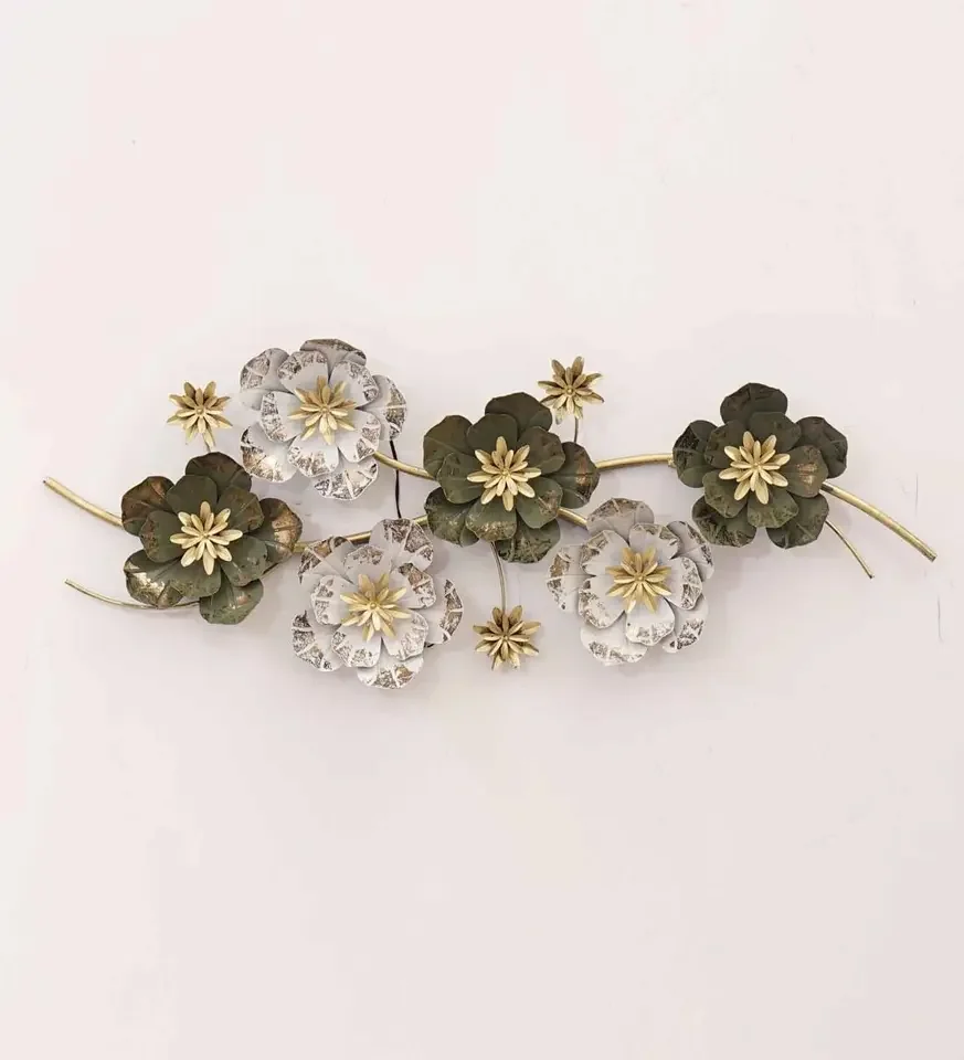Высокое качество оптовая продажа изделия для украшения железа зеленые и белые металлические цветы растение 3D настенные гостиной домашний декор