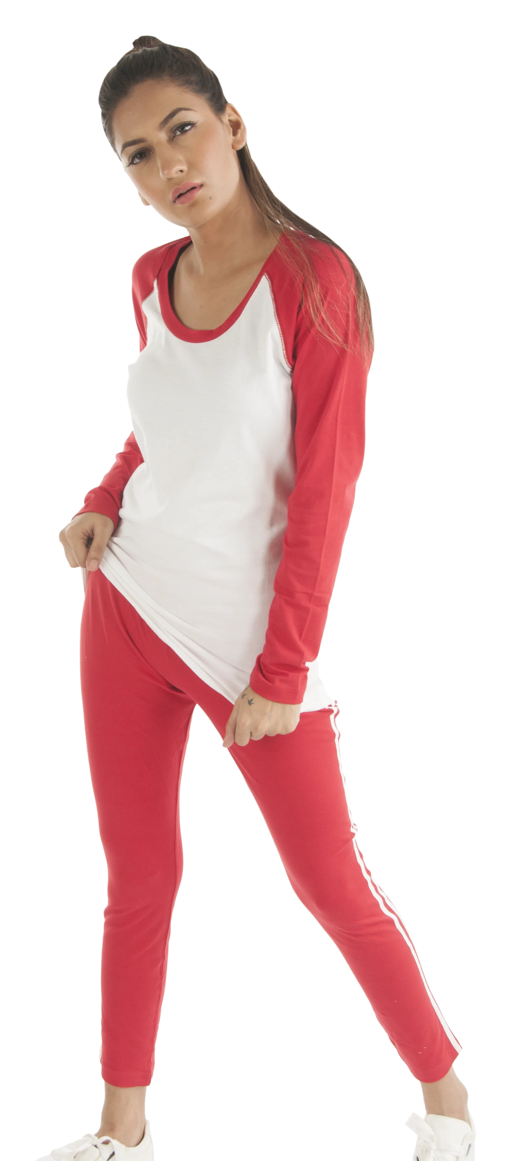 Comfortable and Simple Red and White Full Sleeves T-shirt Top for Girls and Women perfect for Sports & Yoga Wear