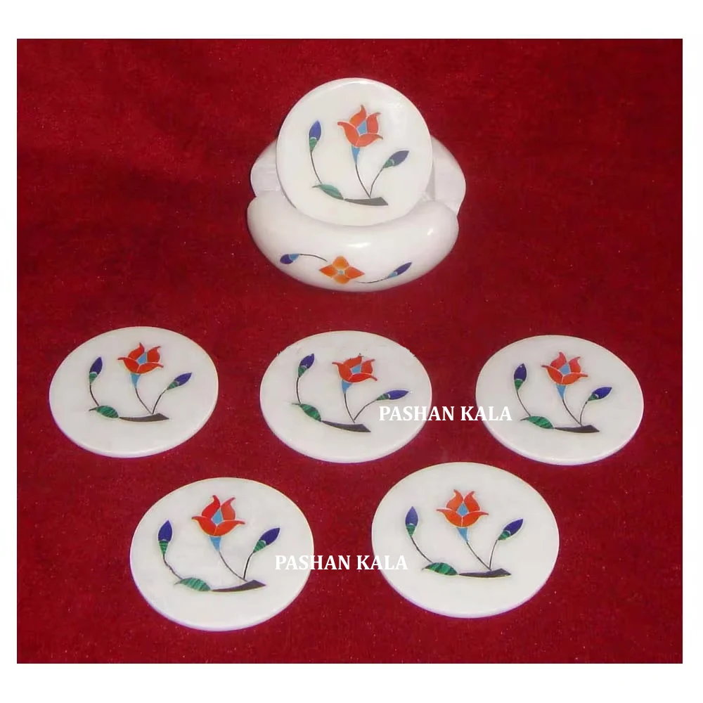 Amazing Design Round Shape Pure White Marble With Super Finishing And Smooth Flower Inlay Tea Coaster Set For Home Decorative