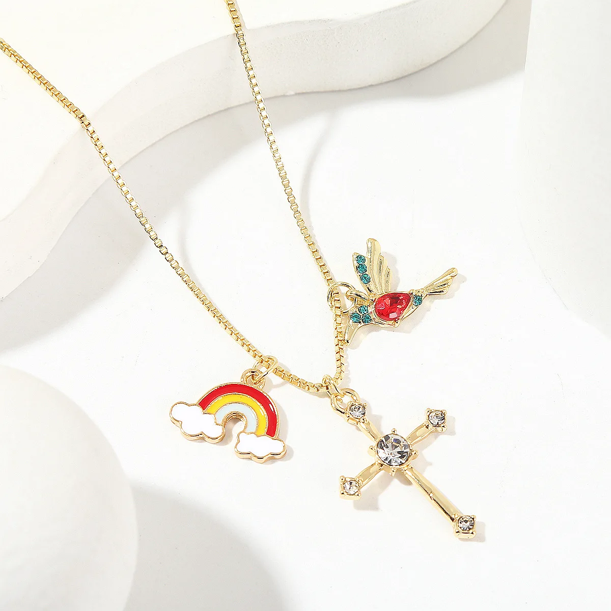 Fashion Jewelry Large Pearl Zircon Gold Plated 2 Layered Chain Cross Pendant Necklace Women