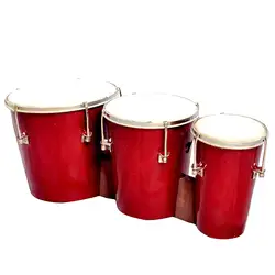 Bongo Three Piece Wooden Hand Drum Set for Adult Kids Beginners Professionals with Tuning Wrench (Red) By Sonorous Exports