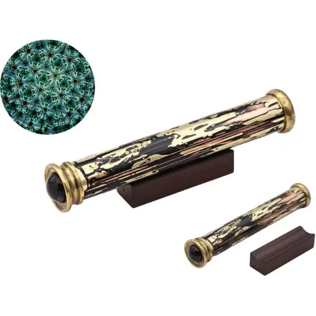 RII Teleidoscope Kaleidoscope Etched Brass Burnished Brass Teleidoscope with Wood Display Stand Gift to Son Daughter Father