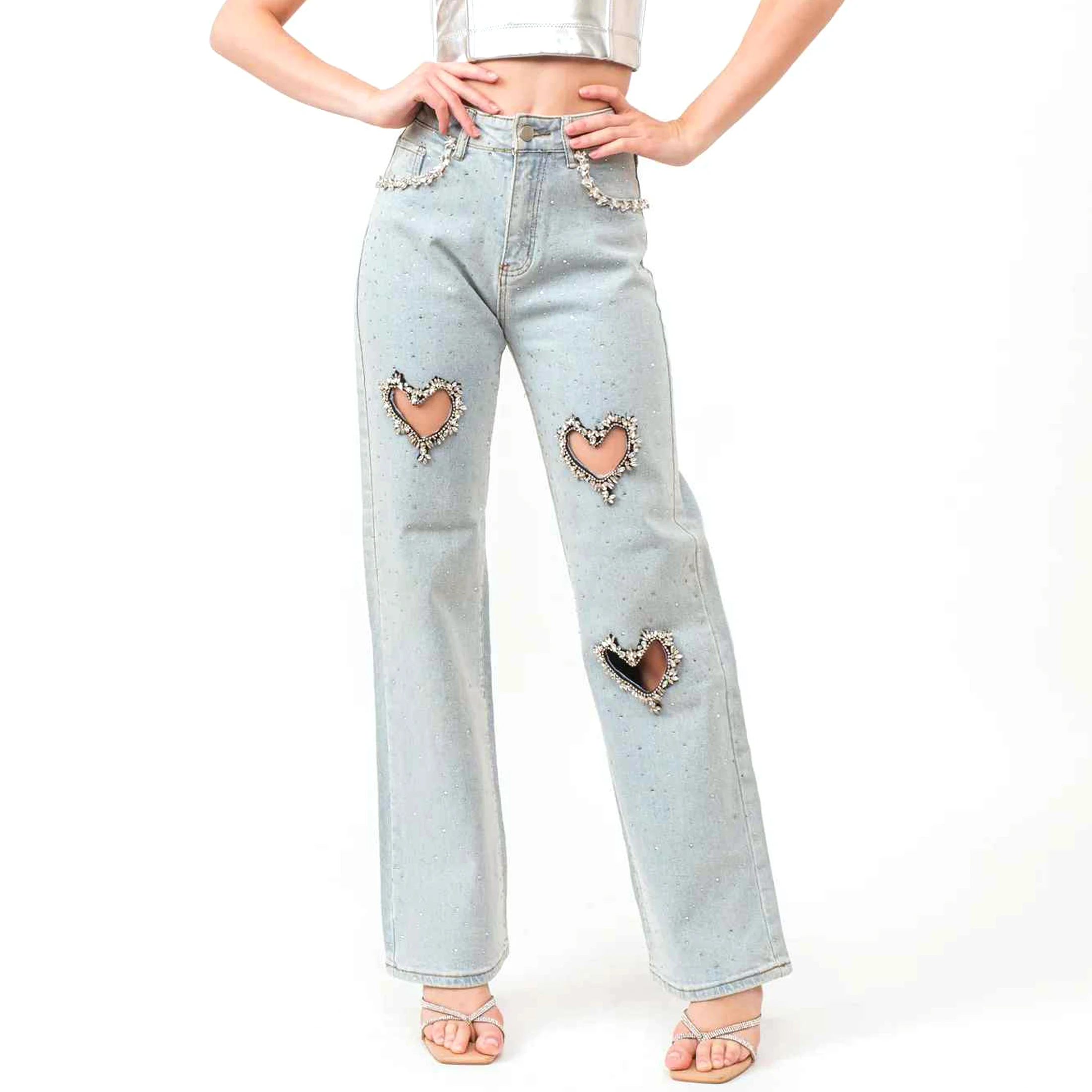 Rhinestone Heart Cutout Embellished High-Rise Denim Pants High Quality Cheap Price Customized Design Fashion Jeans Pant Street