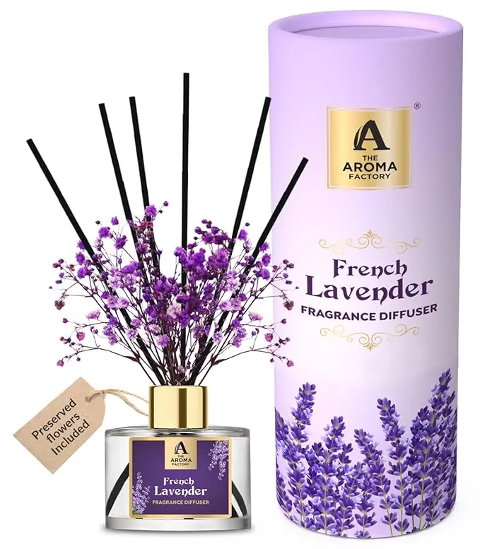 Diffuser Set with Essential Oil, Aroma Sticks & Preserved Flowers | Luxury Home Decor Scent French Lavender, 60Ml With Gift Box
