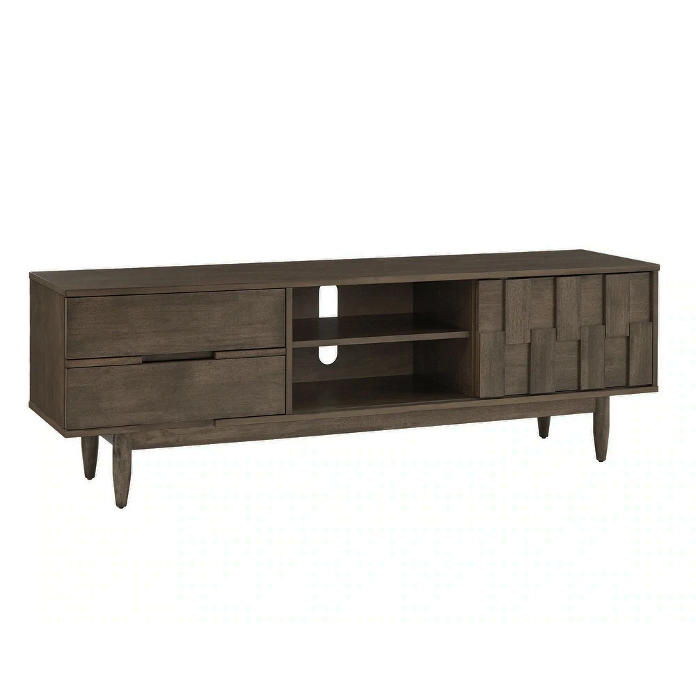 Mid-Century TV Stand  Solid Teak Wood With 2-Drawer and Dark Brown Natural Finish