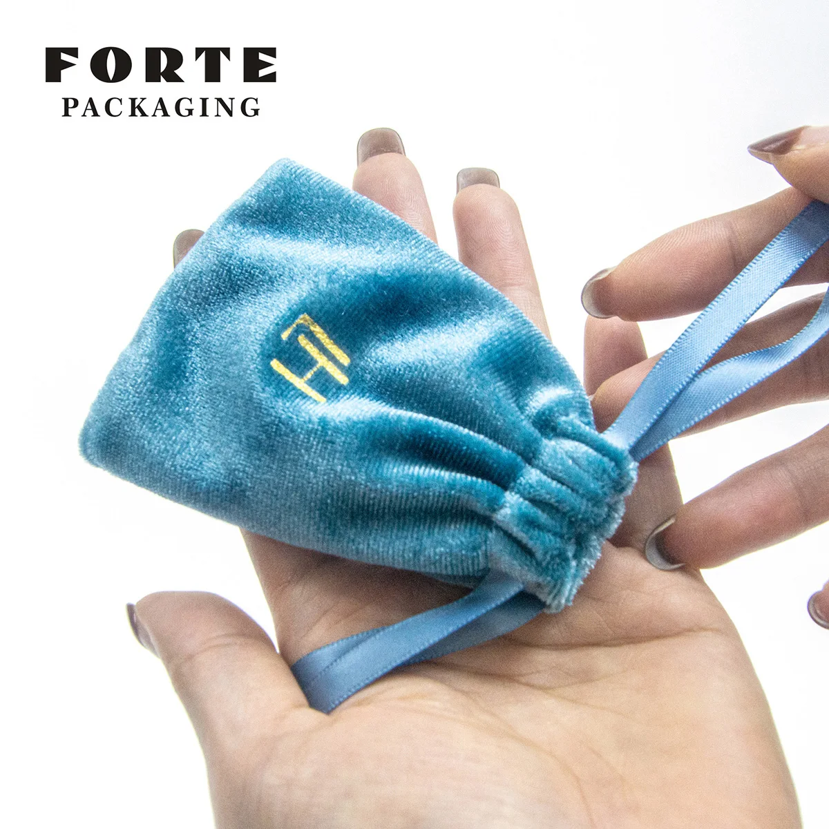 FORTE elegant blue velvet jewelry pouch custom LOGO earrings package bag soft jewelry bag with string