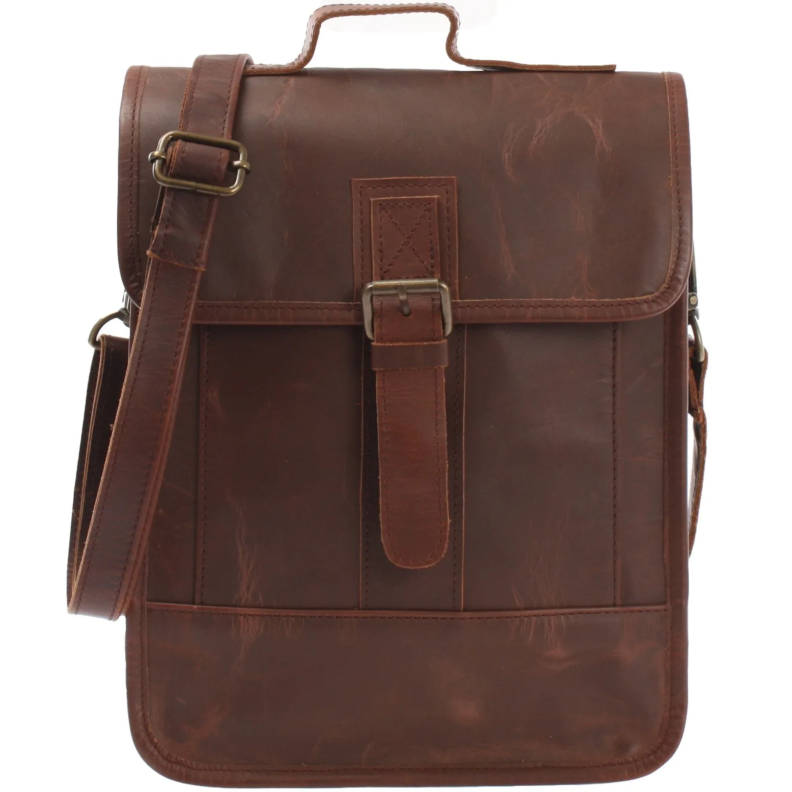 Latest designed cross body bag in waxy brown leather along with removable and adjustable shoulder strap, zip pocket at the back