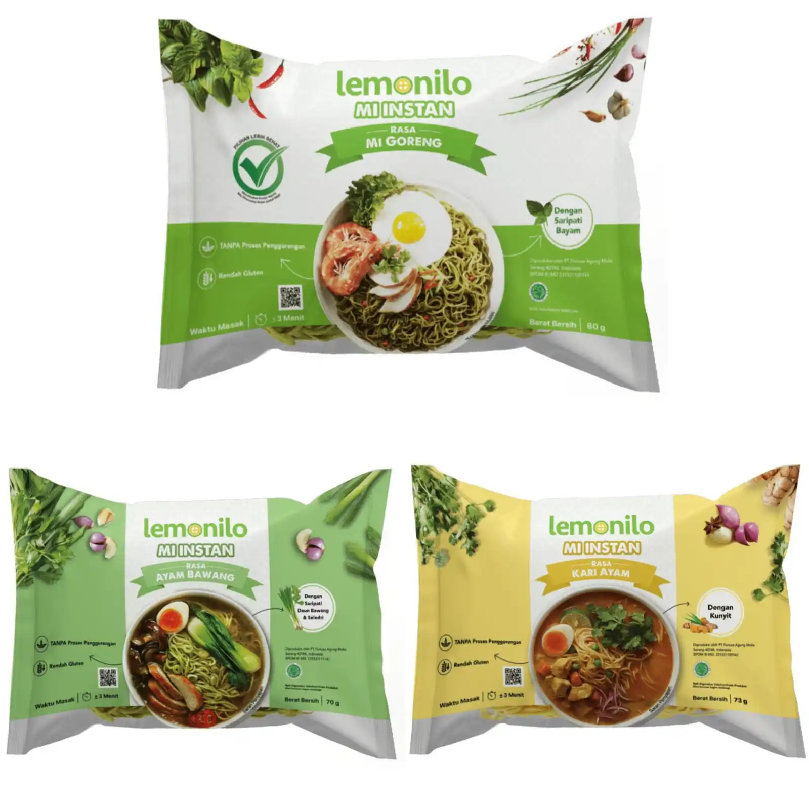 Lemonilo Natural Instant Noodles 20 packs X 77 gr Fried Noodle, Chicken Curry, Chicken Onion Healthy mie