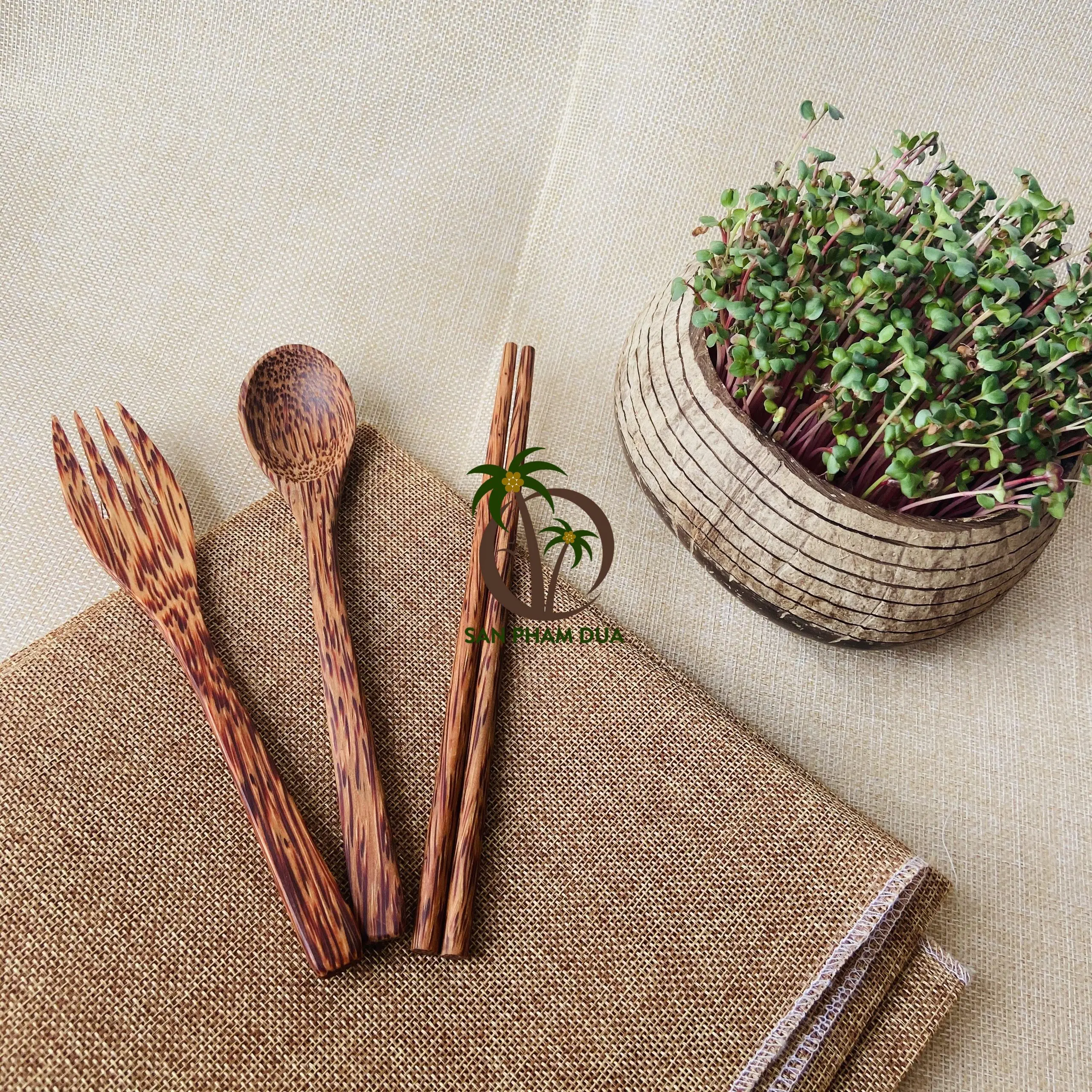 COCONUT WOOD SPOON/ COCONUT CUTLERY SET/ COCONUT WOODEN KNIFE CHOPSTICKS DINNERWARE SET ECO IN VIETNAM