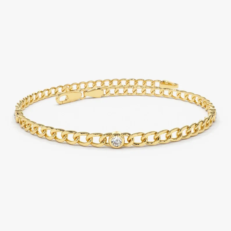 Factory Price High Quality Curb-Link 14k Gold 4MM Miami Cuban Chain Bracelet with Bezel Setting Solitaire Diamonds