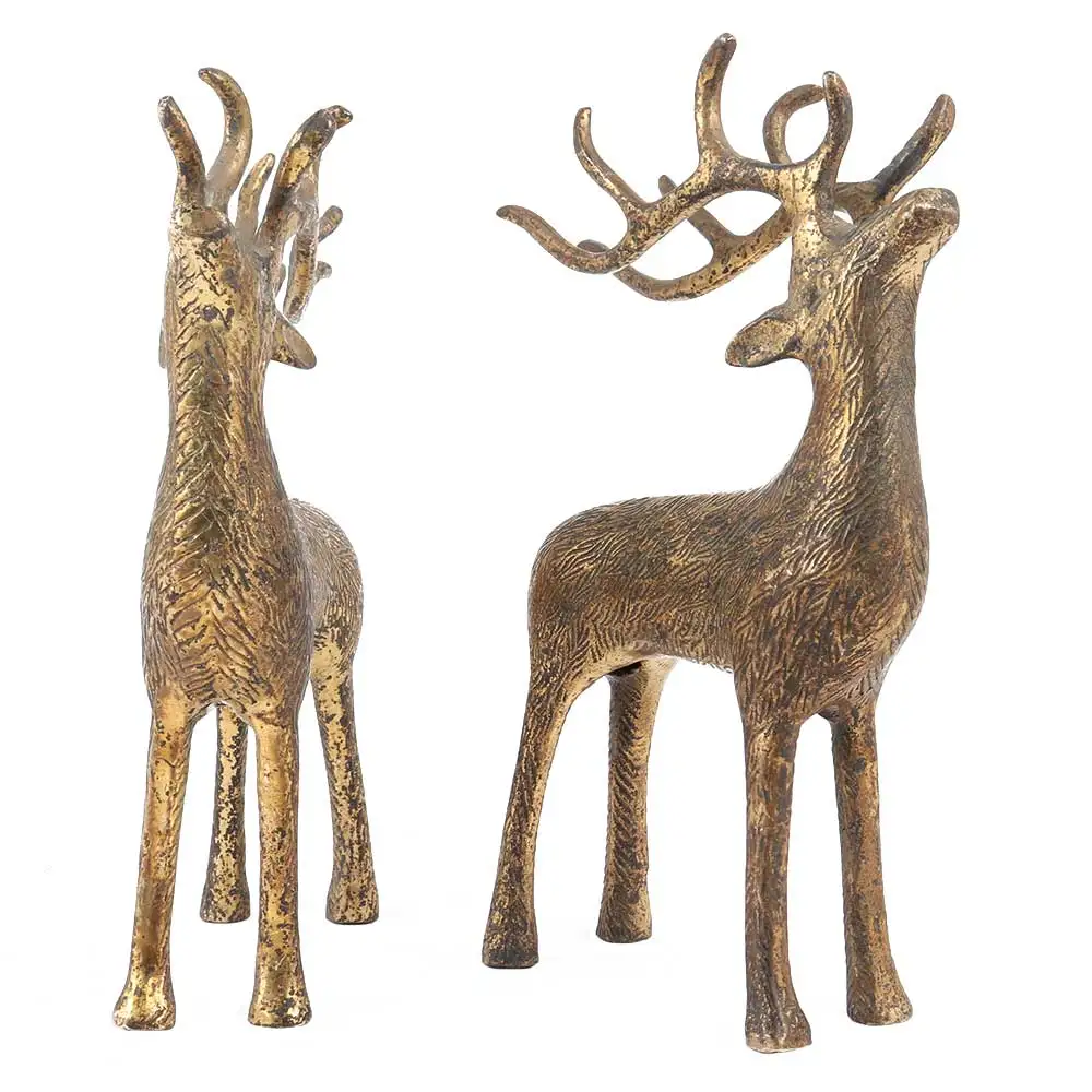 Handmade Indian Brass Golden Bronze Standing Deers Sculptures Figurine Statue Home Decor Gift Items Size: 20 x 12 cm SNS-1424