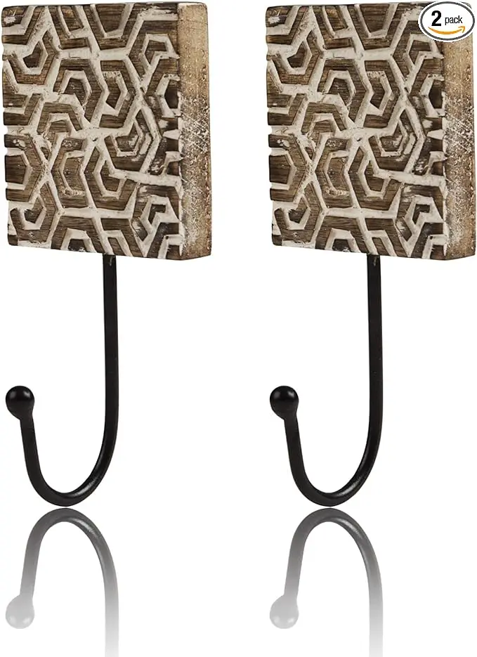 Set of 2 Decorative Wooden & Cast Iron Vintage Rustic Coat Hanger Wall Mounted Jacket Robe Towel Door Hook Rack Holder