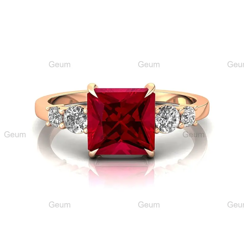 Trendy IGI Certified Princess Cut Ruby & Genuine Diamond Fine Cluster Rings in Real Solid 14K Gold Fine Bridal Wear Jewelry OEM